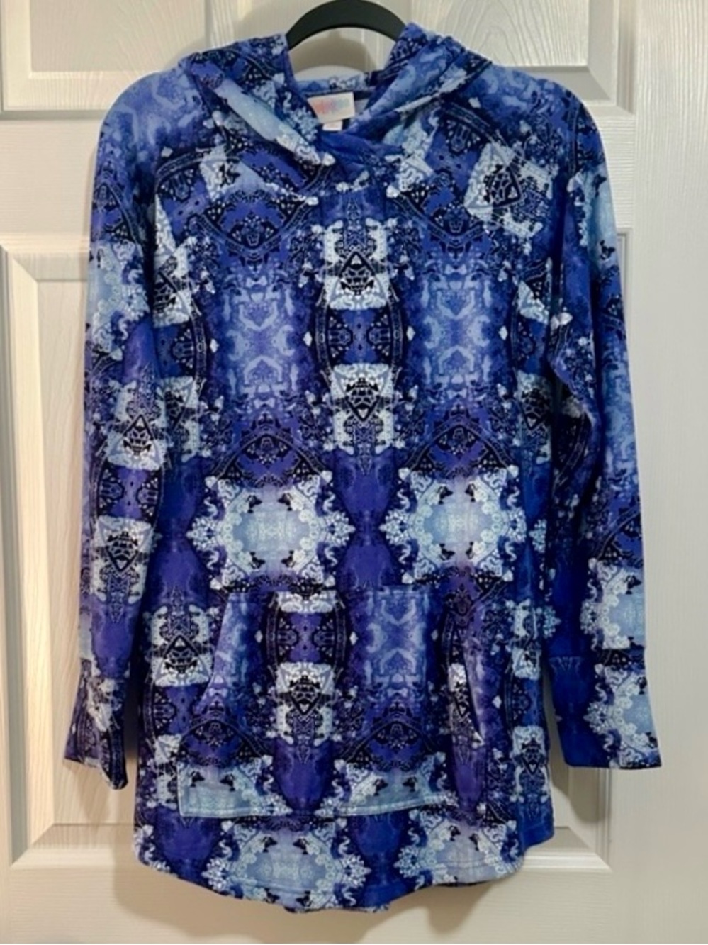 LuLaRoe Amber Hoodie in Blue Purple White Paisley-like Intricate Patterning